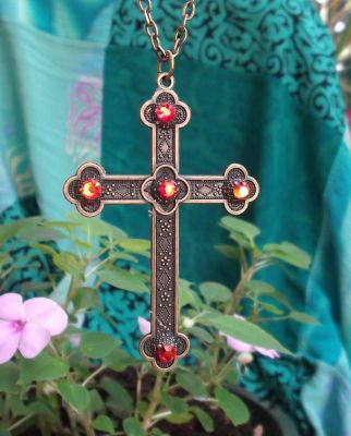 Celtic Antiqued French Cross W/fire Opal Crystals